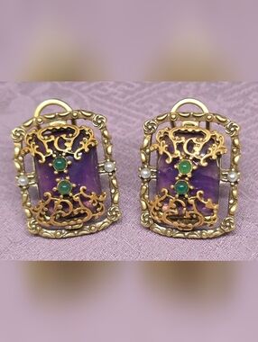 Vintage-Style Gold Tone Filigree  Purple and Green Earrings